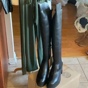 Gianni Bini OTK Black Leather Re-Volve Lugged Block Heel Boots Size 9.5M, NIB